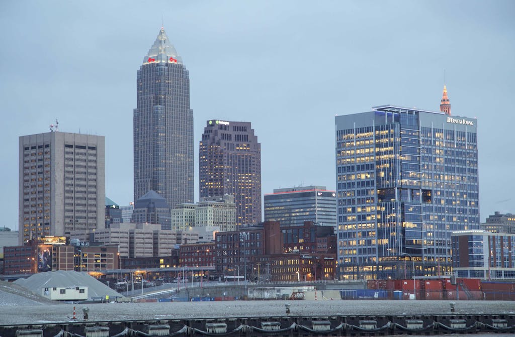 Lewis Center, Ohio Champion Trees Captivating view of Cleveland's downtown skyline showcasing modern architecture and illuminated buildings.