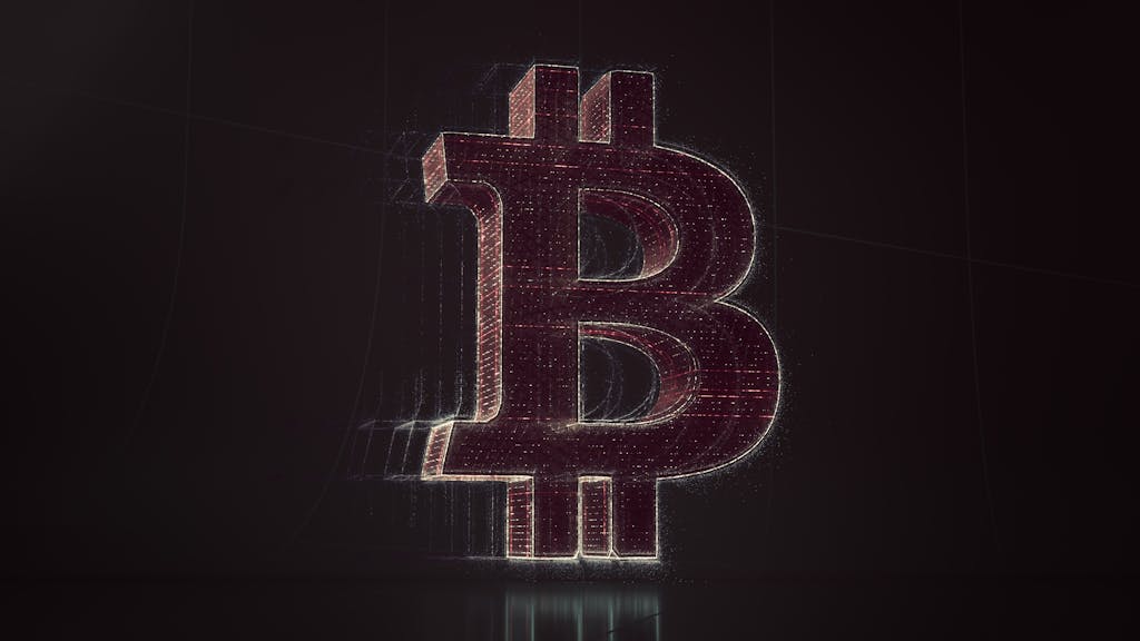 FintechAsia 3D depiction of the Bitcoin symbol with a digital, futuristic glow.