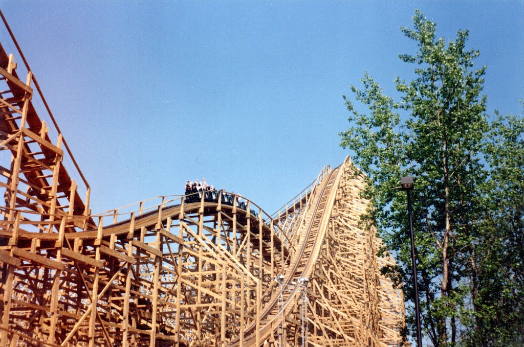 Ohio Champion Trees A classic wooden roller coaster with riders at Cedar Point amusement park, Sandusky, Ohio.