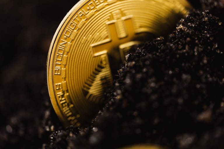 ibomma1.com A close-up shot of a Bitcoin partially buried in soil, symbolizing digital currency growth.