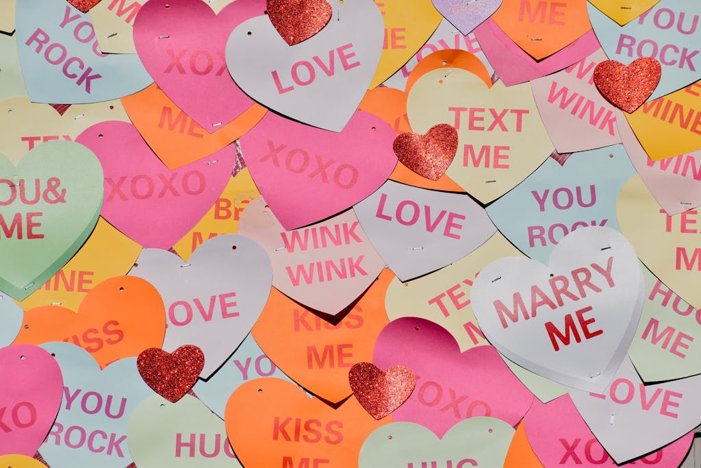 Bolly4u Me A vibrant collection of heart-shaped paper messages perfect for Valentine's Day.