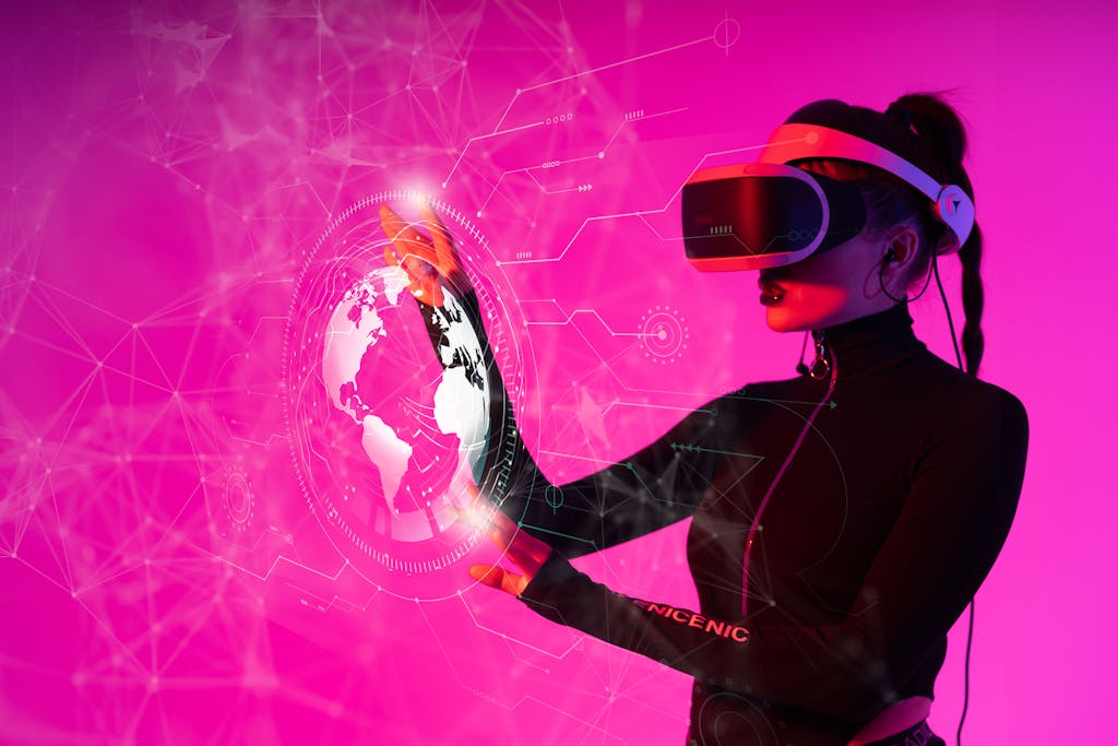 kongotech. blogA woman interacts with a VR hologram in a futuristic studio setting.